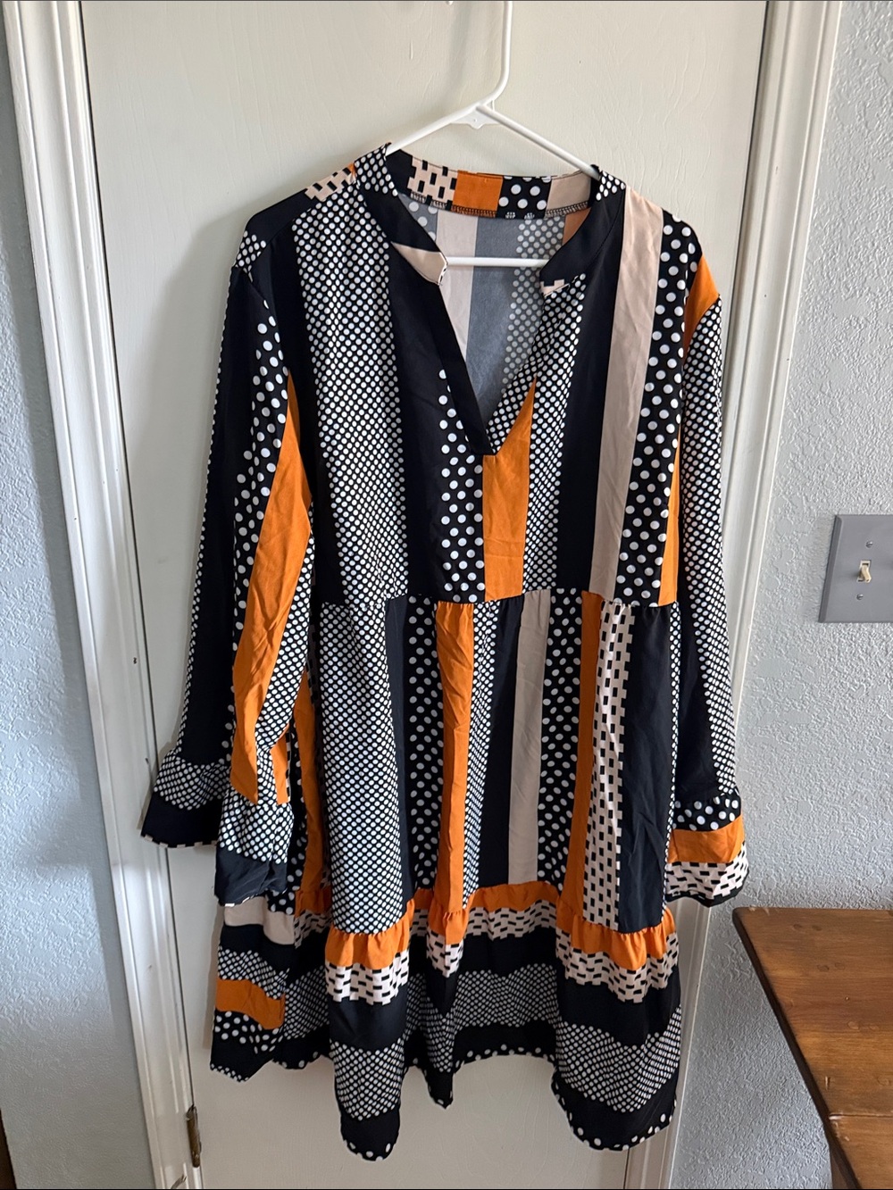 Striped & Polka Dot Tiered Long-Sleeve Dress in Black, Orange, and Cream